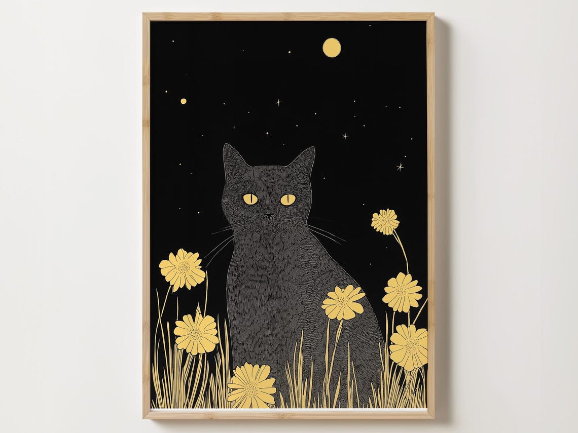 Black Cat Among Yellow Flowers Under A Moonlit Starry Night Poster
