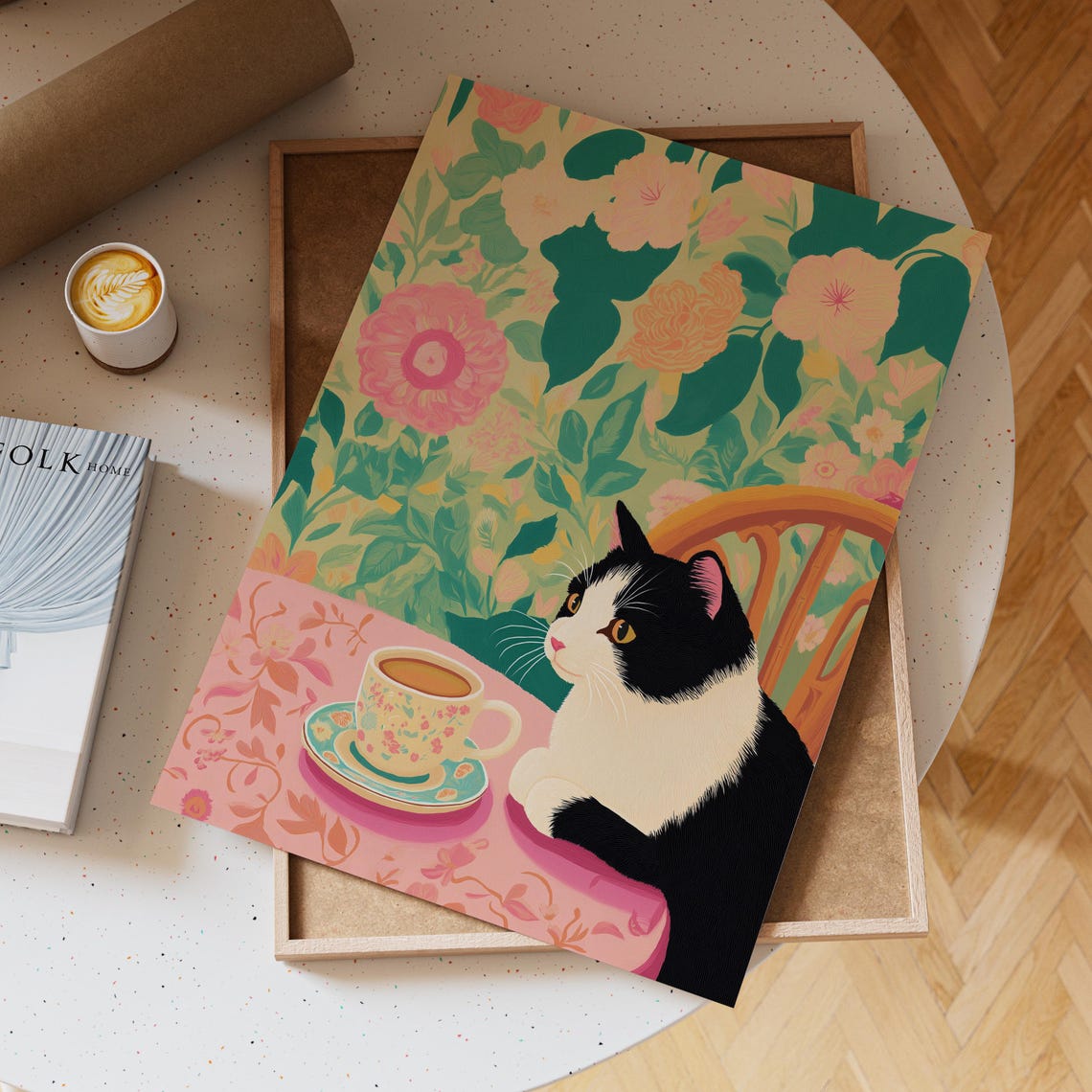 Black And White Cat Holding A Tea Cup At A Floral Table Poster - Image 6