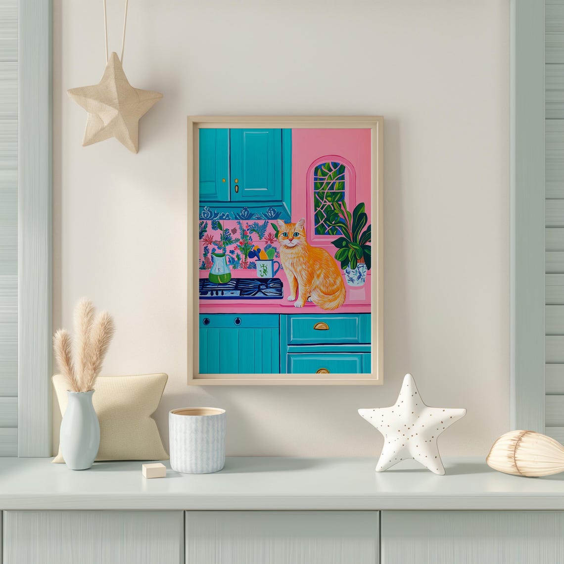 Orange Cat Sitting On A Pink Kitchen Counter With Teal Cabinets Poster - Image 2