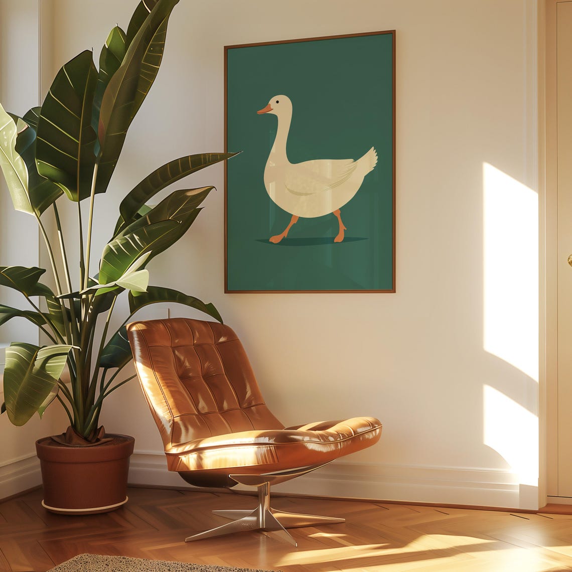 White Goose Walking Gracefully On A Deep Teal Background Poster - Image 2