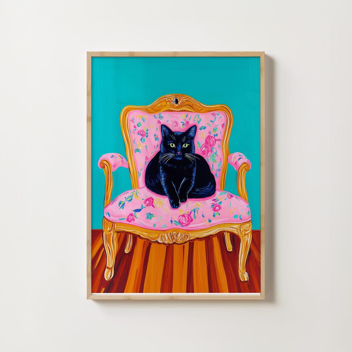 Regal Black Cat Seated on a Pink Floral Armchair Pop Art Poster - Image 4