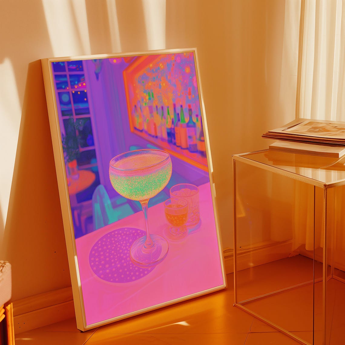 Glowing Champagne Coupe Glass in a Vibrant Pink Neon Bar Wall Art - Image 3