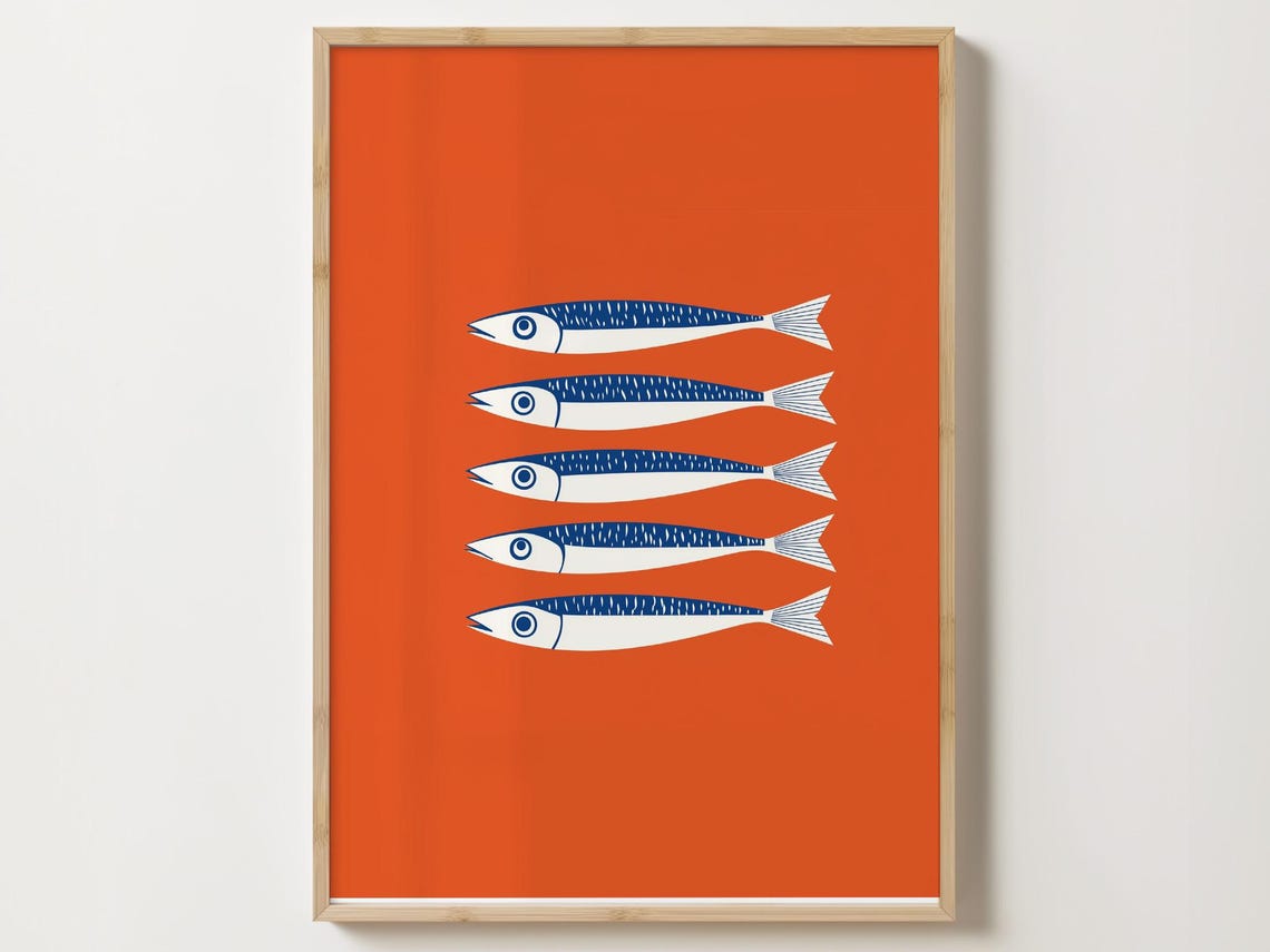 Five Blue And White Sardines In A Row On Orange Background Poster