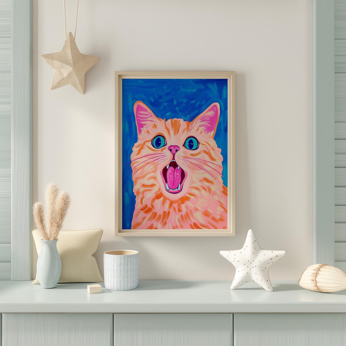 Goofy Orange Cat With Tongue Out On A Cobalt Blue Art Poster - Image 4