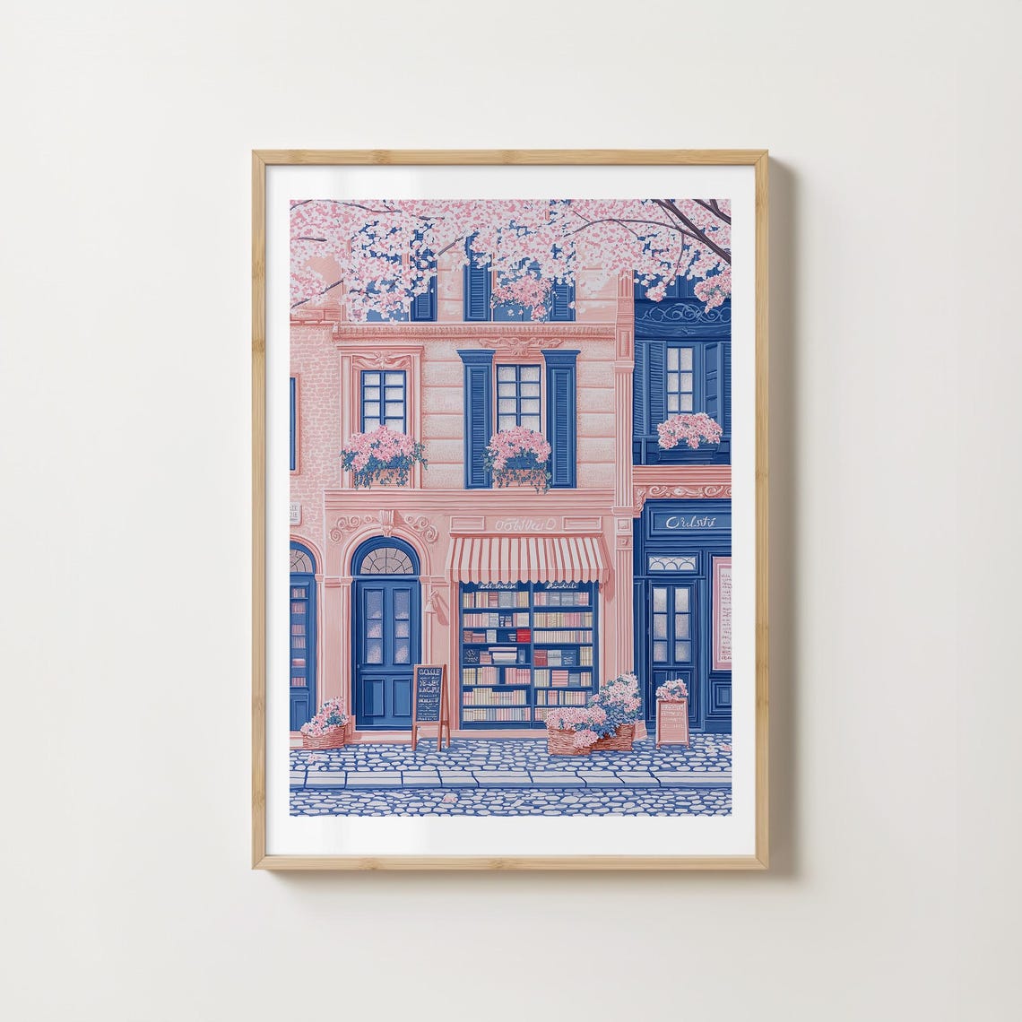 Pink Bookshop Facade With Striped Awning On Cobblestone Street Poster - Image 4