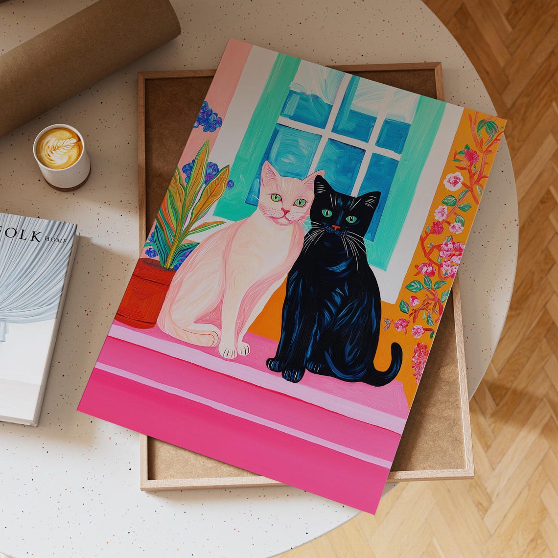 Black and White Cat Pair by a Pink Windowsill Painting Poster - Image 6