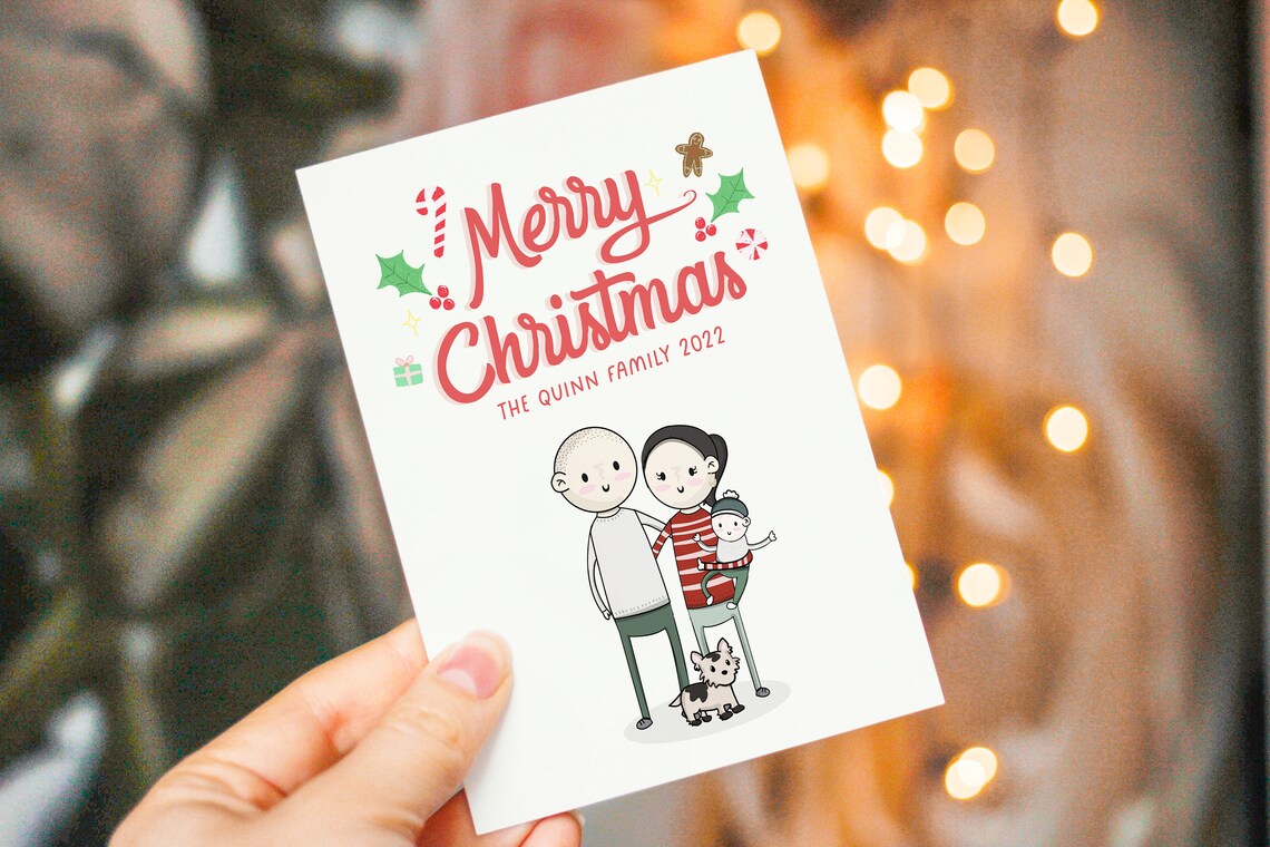 Merry Christmas Cartoon Family Portrait Card With Baby and Dog Poster