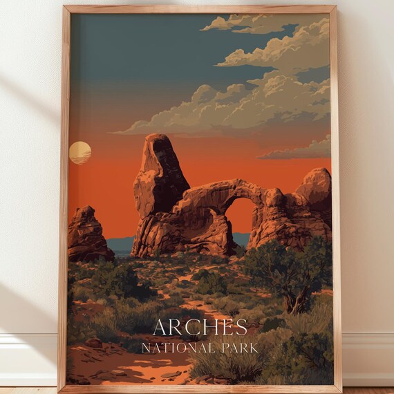 Arches National Park Poster Stone Arch Sunset Desert Red Rocks Vintage Artwork