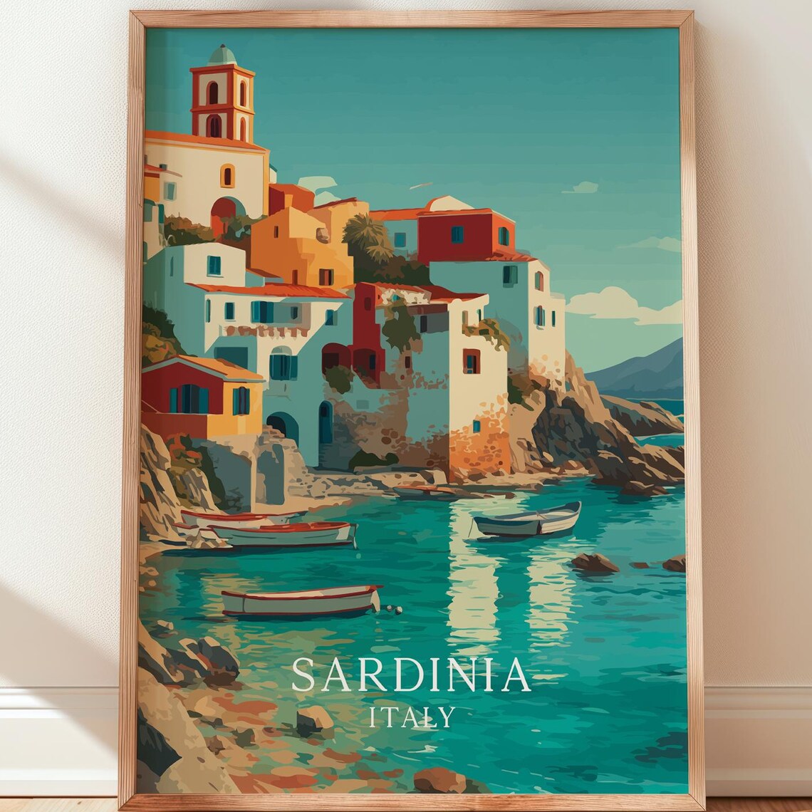 Sardinia Italy Colorful Coastal Harbor Village Travel Poster