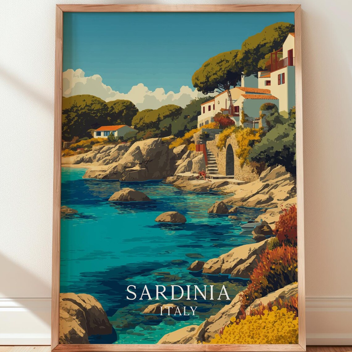 Sardinia Italy Costa Smeralda Rocky Cove White Houses Vintage Travel Poster