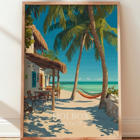 Holbox Mexico Beach Print Caribbean Cafe Scene Coastal Wall Art
