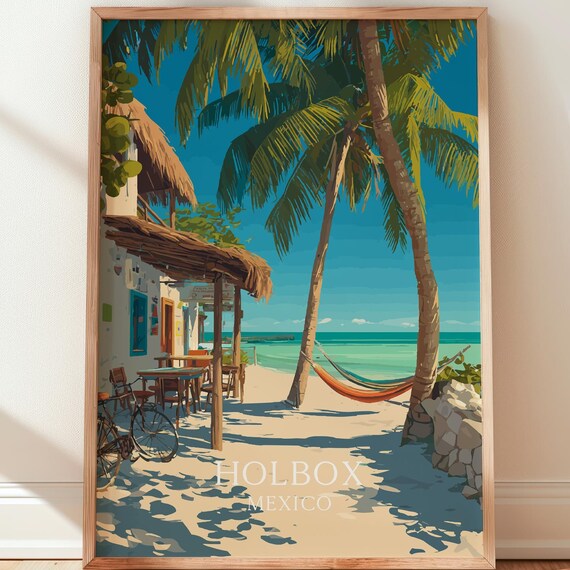 Holbox Mexico Caribbean Beach Hammock Palm Trees Travel Poster