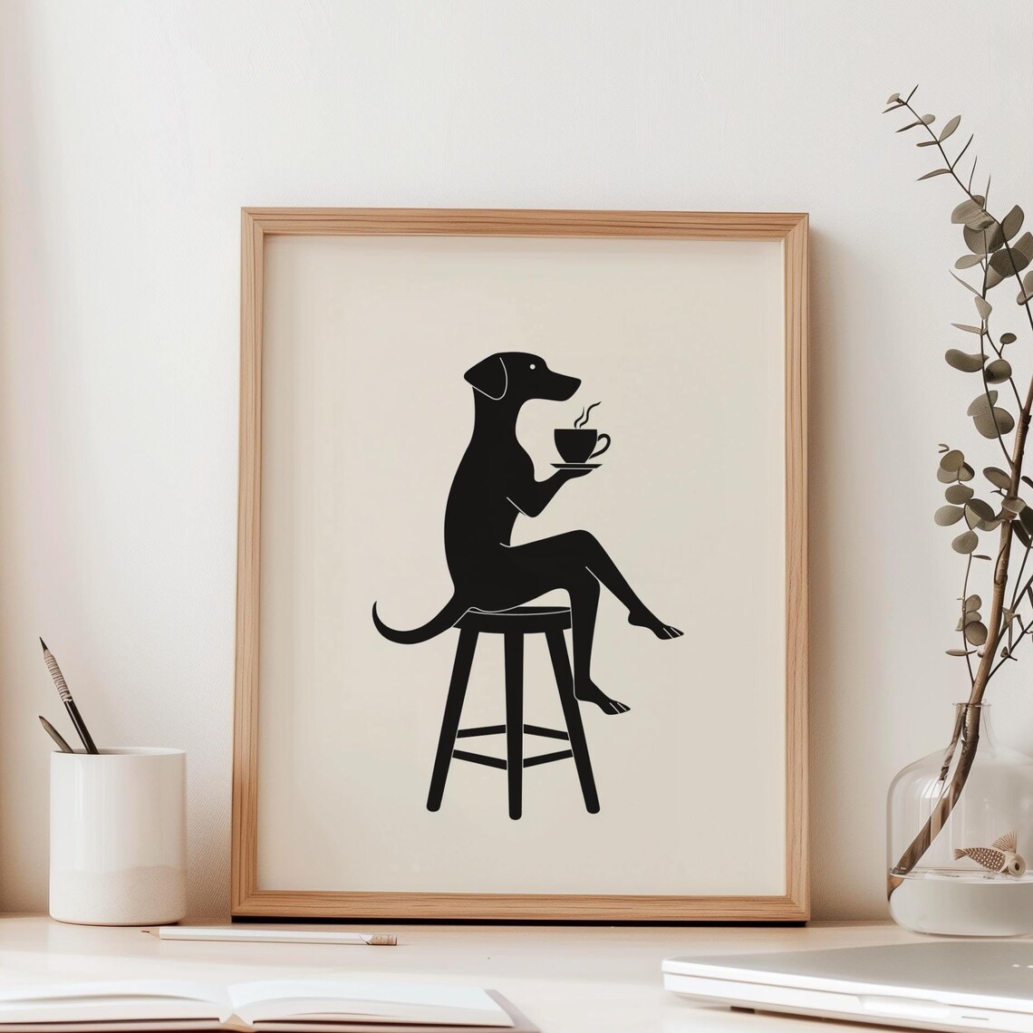 Coffee Drinking Dog Minimalist Lover Art Print