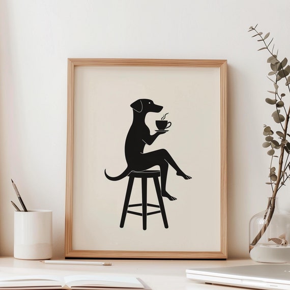 Coffee Drinking Dog Minimalist Lover Art Print