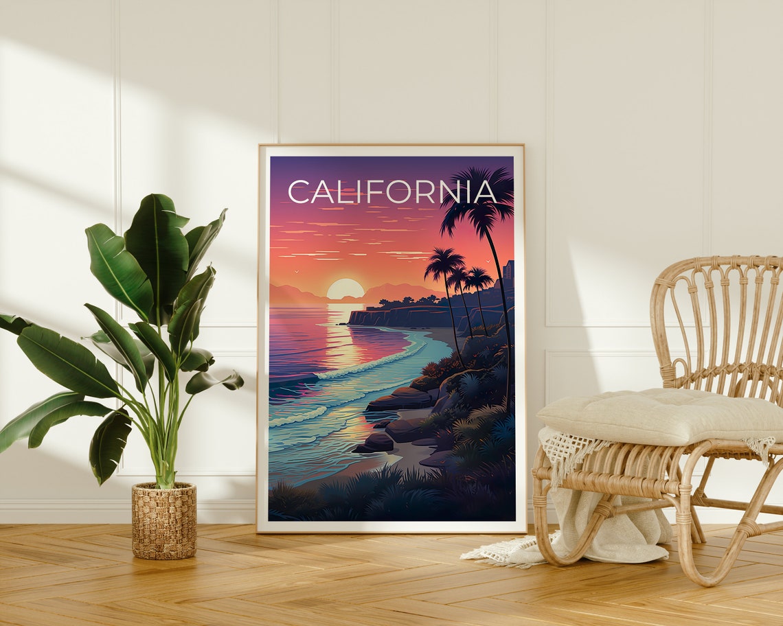 California Beach Sunset Palm Trees Pink Sky Ocean Waves Travel Poster - Image 2
