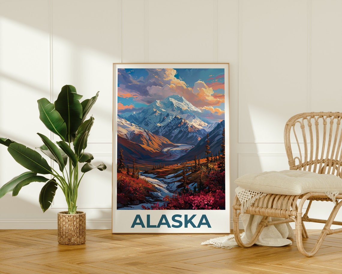Alaska Snowy Mountain Glacier Valley Autumn Colors Travel Poster - Image 2