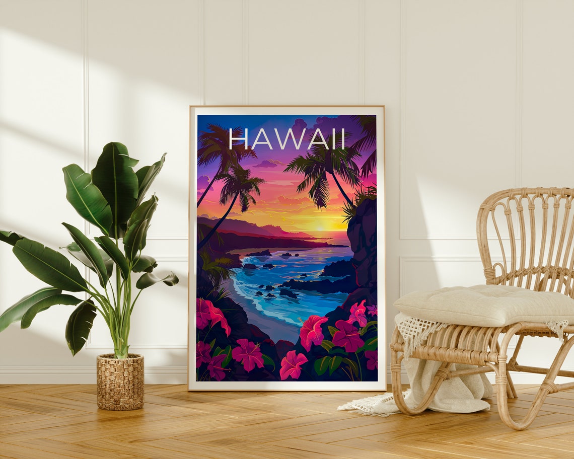 Hawaii Rocky Coast Sunset Palm Trees Pink Hibiscus Cove Poster - Image 2