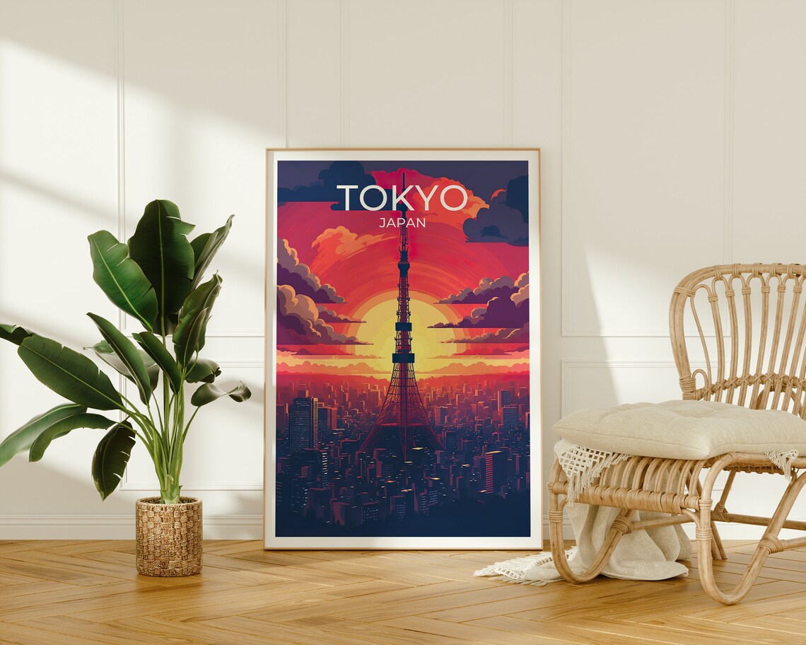 Tokyo Japan Landmark Tower Giant Red Sun Sunset Travel Poster - Image 2