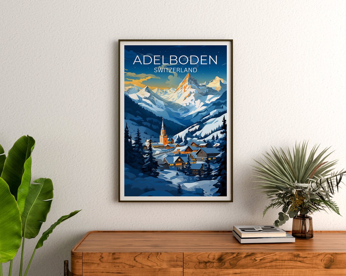 Adelboden Switzerland Snowy Alpine Village Church Night Lights Poster - Image 3