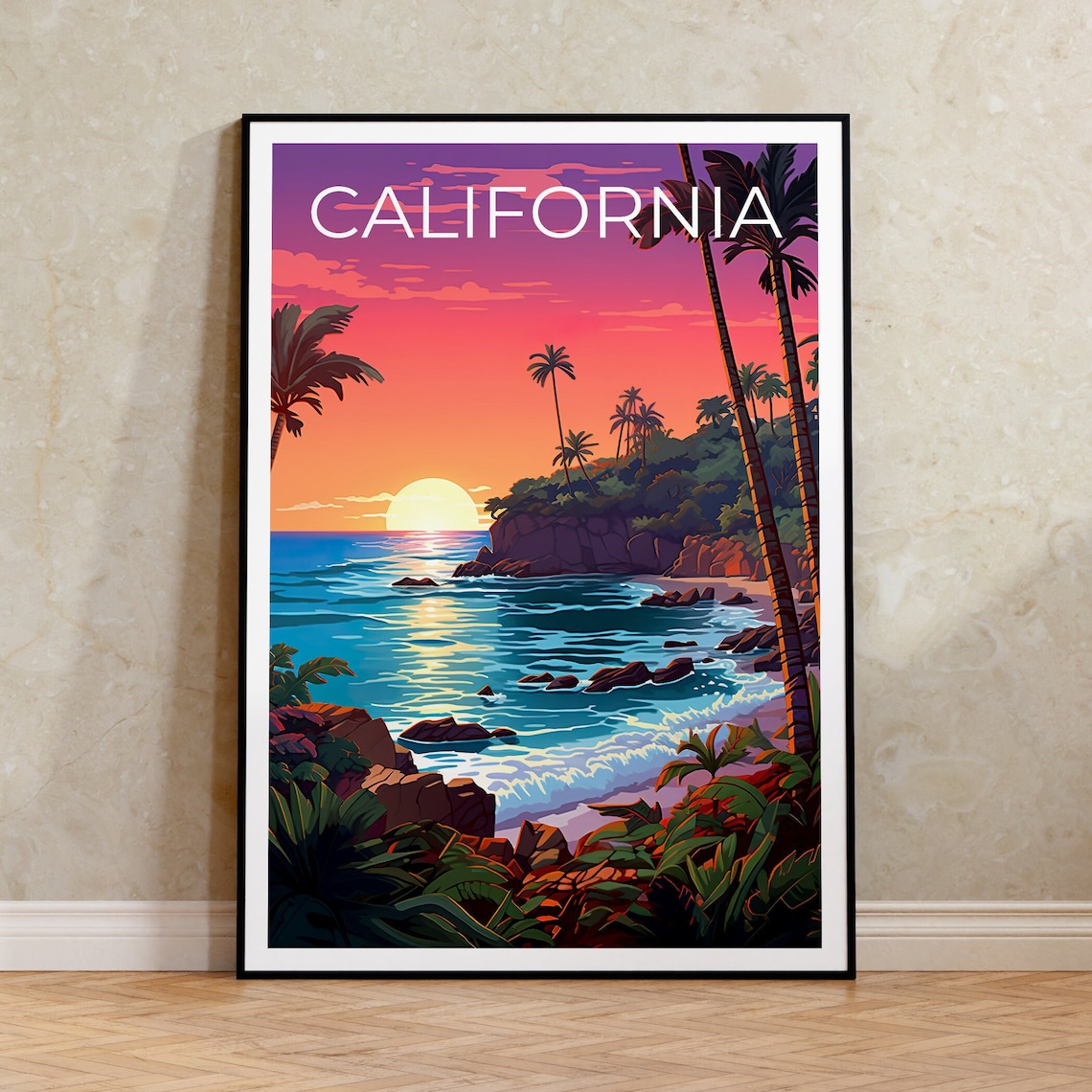California Rocky Cove Sunset Palm Trees Ocean Waves View Poster