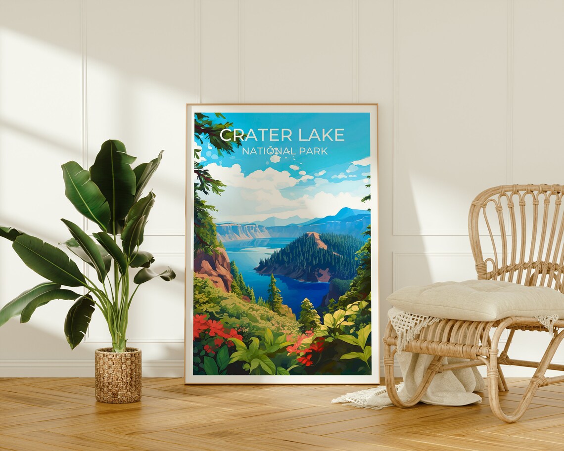 Crater Lake Travel Poster, Oregon Lake Landscape - Image 2