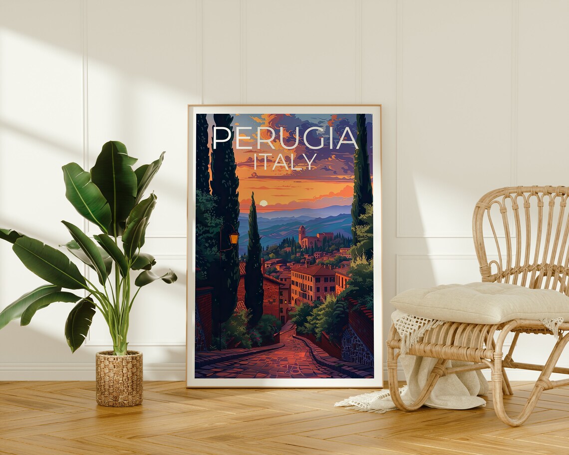Perugia Italy Umbrian Old Town Sunset Cobblestone Street Travel Poster - Image 2