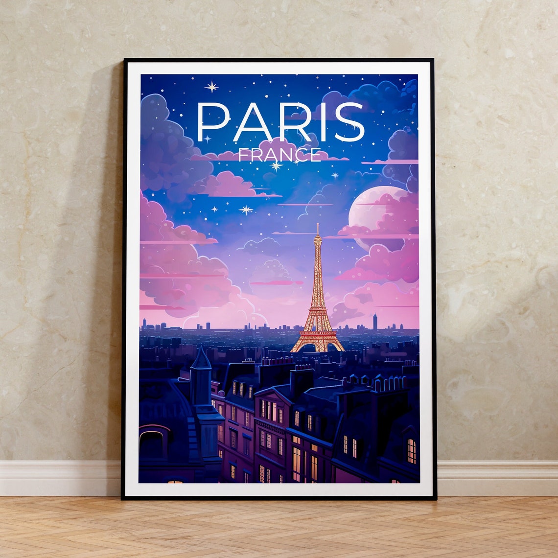 Paris France Eiffel Tower Night Rooftops Starry Sky Moon View Poster