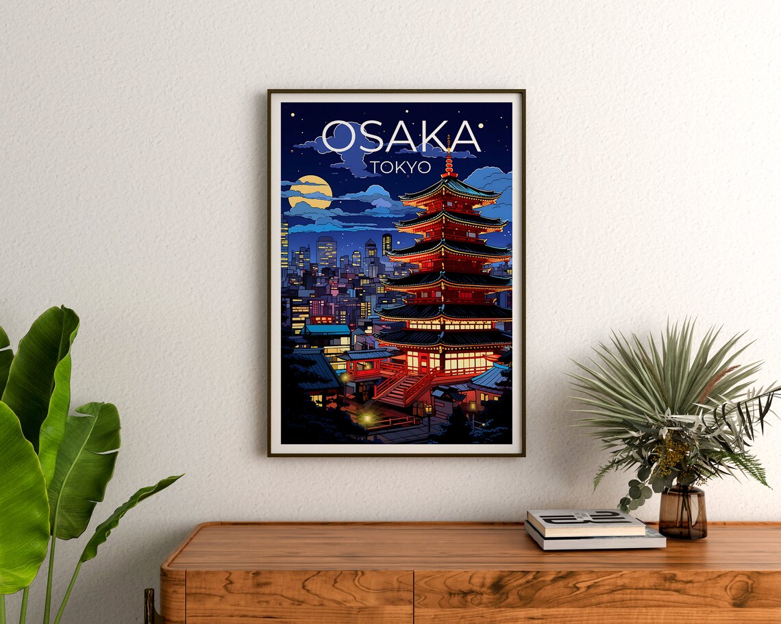 Osaka Japan Five Story Pagoda Night Skyline Moon View Poster - Image 3