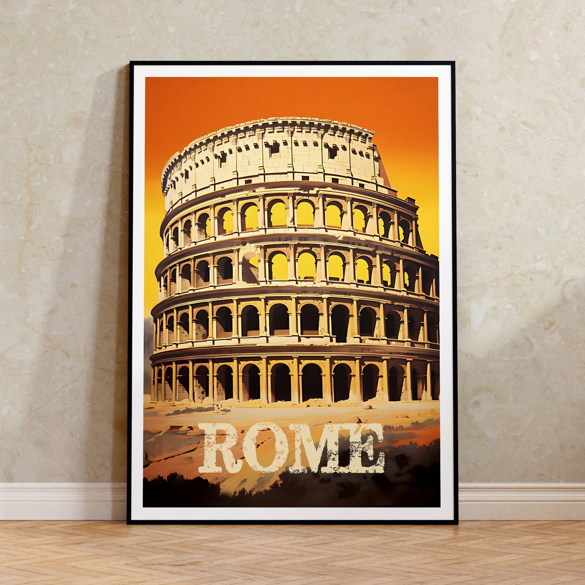 Rome Italy Colosseum Ancient Ruins Retro Orange Sky Travel Poster