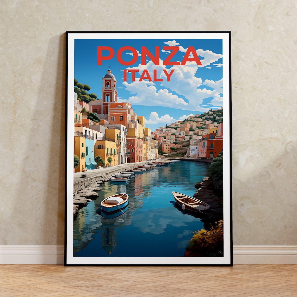 Ponza Italy Colorful Harbor Boats Seaside Old Town Travel Poster