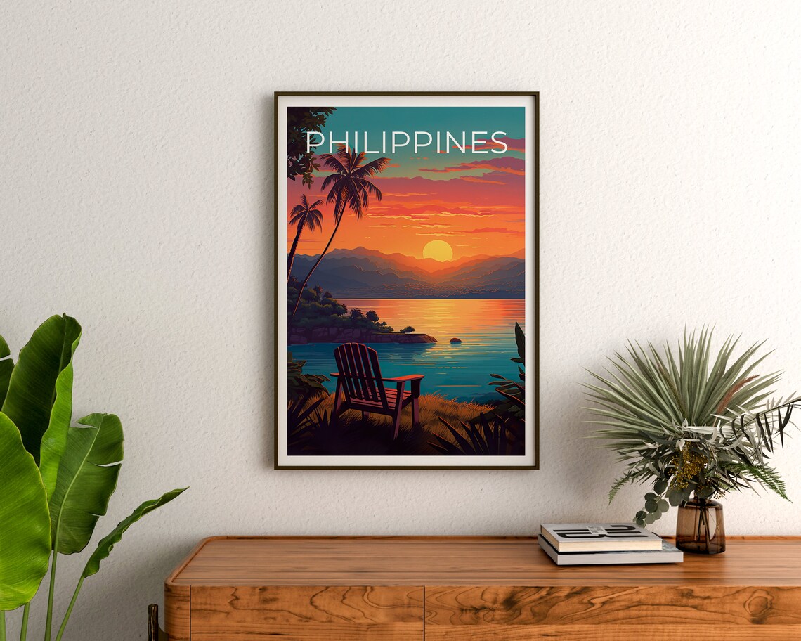 Philippines Tropical Island Sunset Bay Palm Trees View Travel Poster - Image 3