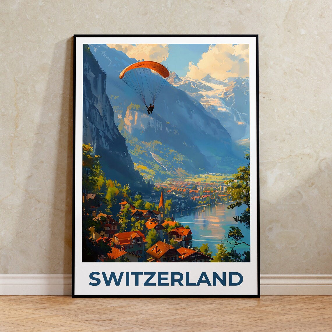 Switzerland Travel Poster, Paragliding Swiss Village