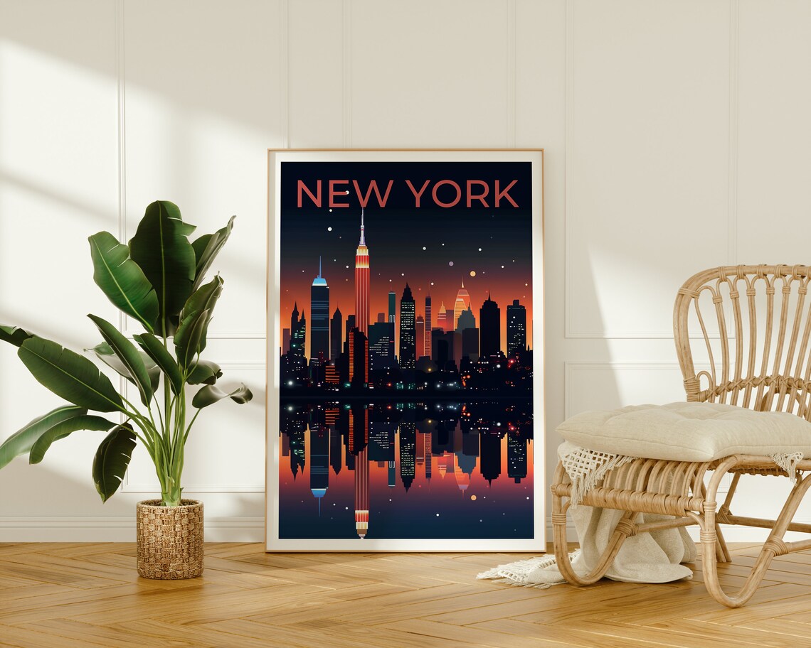 New York City Manhattan Skyline Night Lights Reflection Art Poster - Image 2