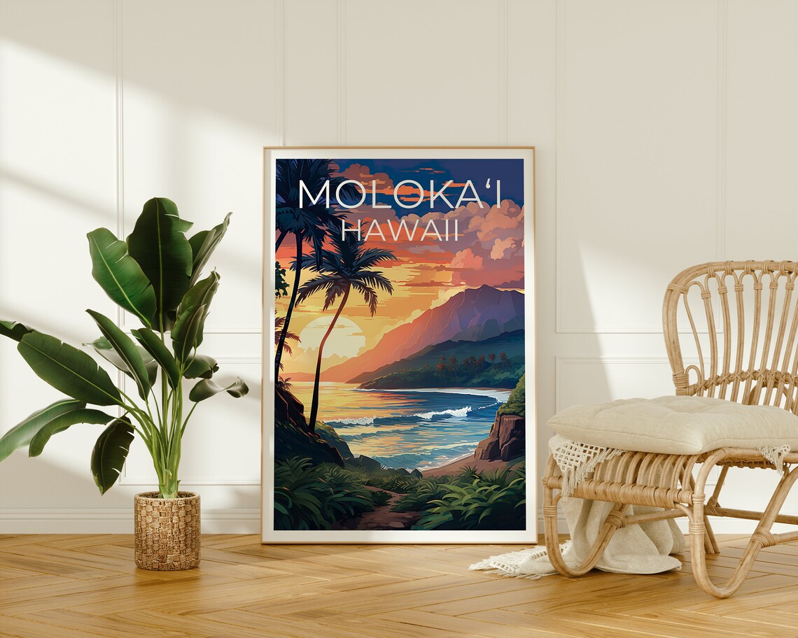 Molokai Hawaii Tropical Beach Sunset Palm Trees Travel Poster - Image 2