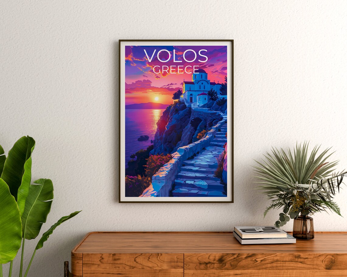 Volos Greece White Cliff Church Sunset Stairs Aegean Sea View Poster - Image 3