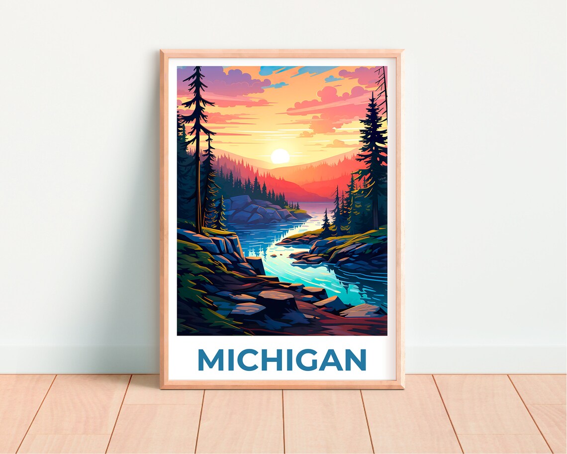 Michigan Lake Sunset Rocky Shore Pine Forest Northwoods Poster - Image 4