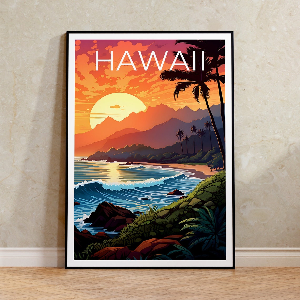Hawaii Island Sunset Coastline Palm Silhouettes Vintage Travel Poster