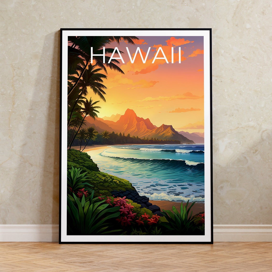 Hawaii Beach Sunset Golden Waves Palm Trees Ocean View Poster