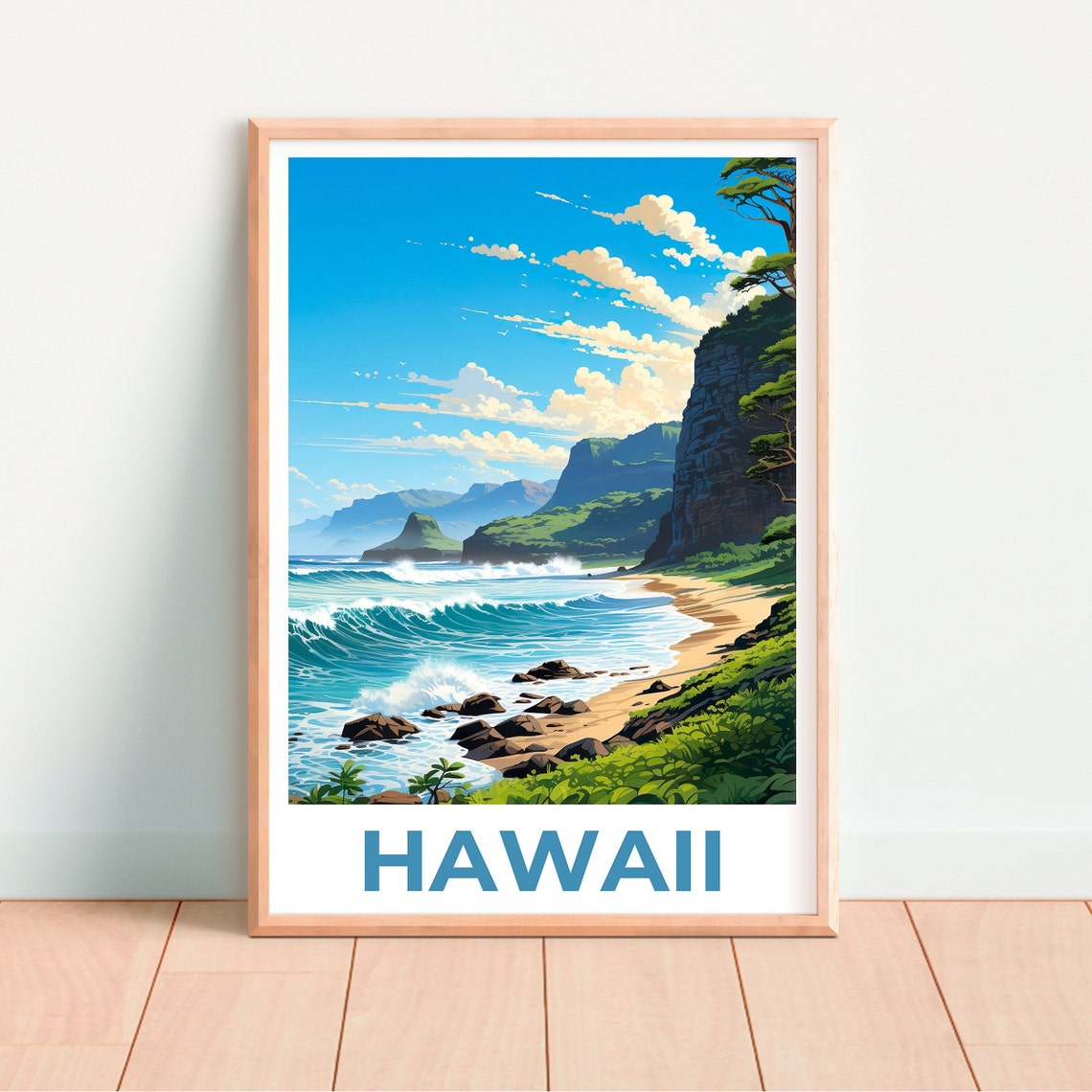 Hawaii Sunny Coast Day Beach Turquoise Waves Cliffs View Poster - Image 4
