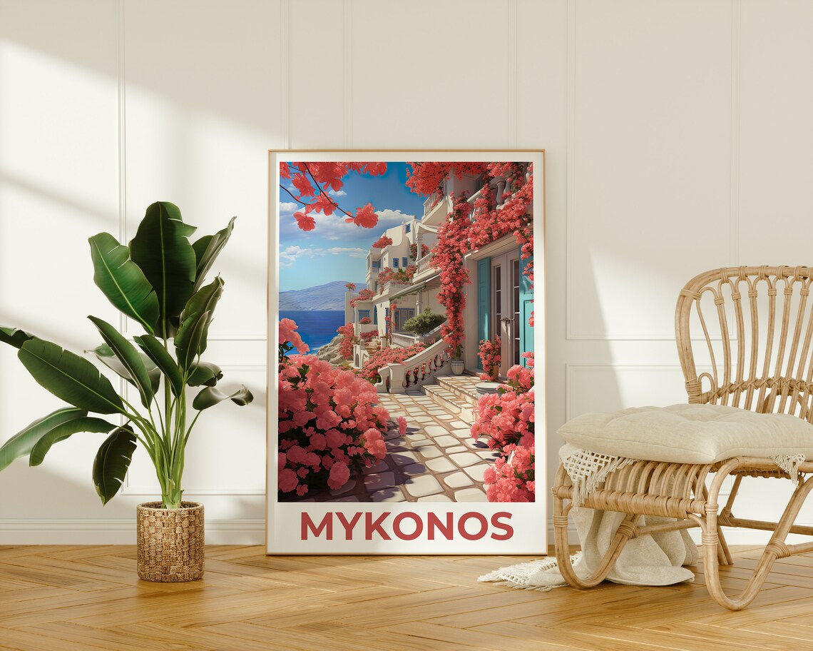 Mykonos Greece Bougainvillea Alley Whitewashed Streets Travel Poster - Image 2