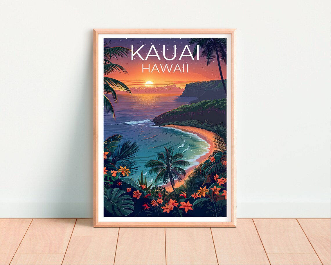 Kauai Hawaii Tropical Bay Sunset Palm Trees Flowers Travel Poster - Image 4