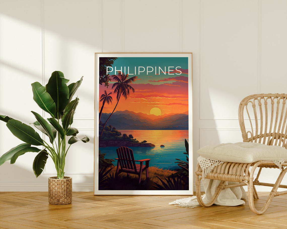 Philippines Tropical Island Sunset Bay Palm Trees View Travel Poster - Image 2
