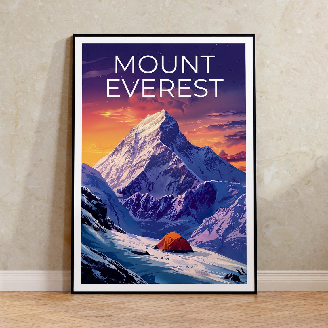Mount Everest Summit at Dusk With Base Camp Tent Travel Poster