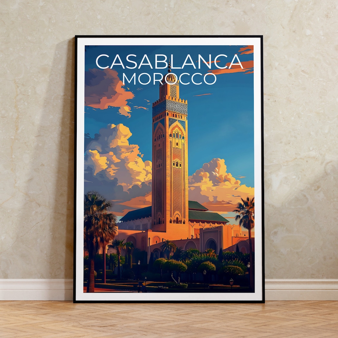Casablanca Morocco Hassan II Mosque Minaret Sunset Sky Travel Poster