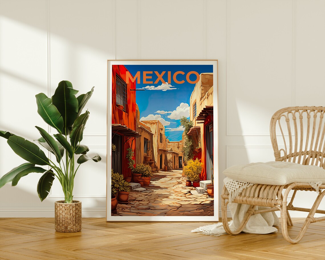 Mexico Pueblo Cobblestone Street Colorful Adobe Old Town Travel Poster - Image 2