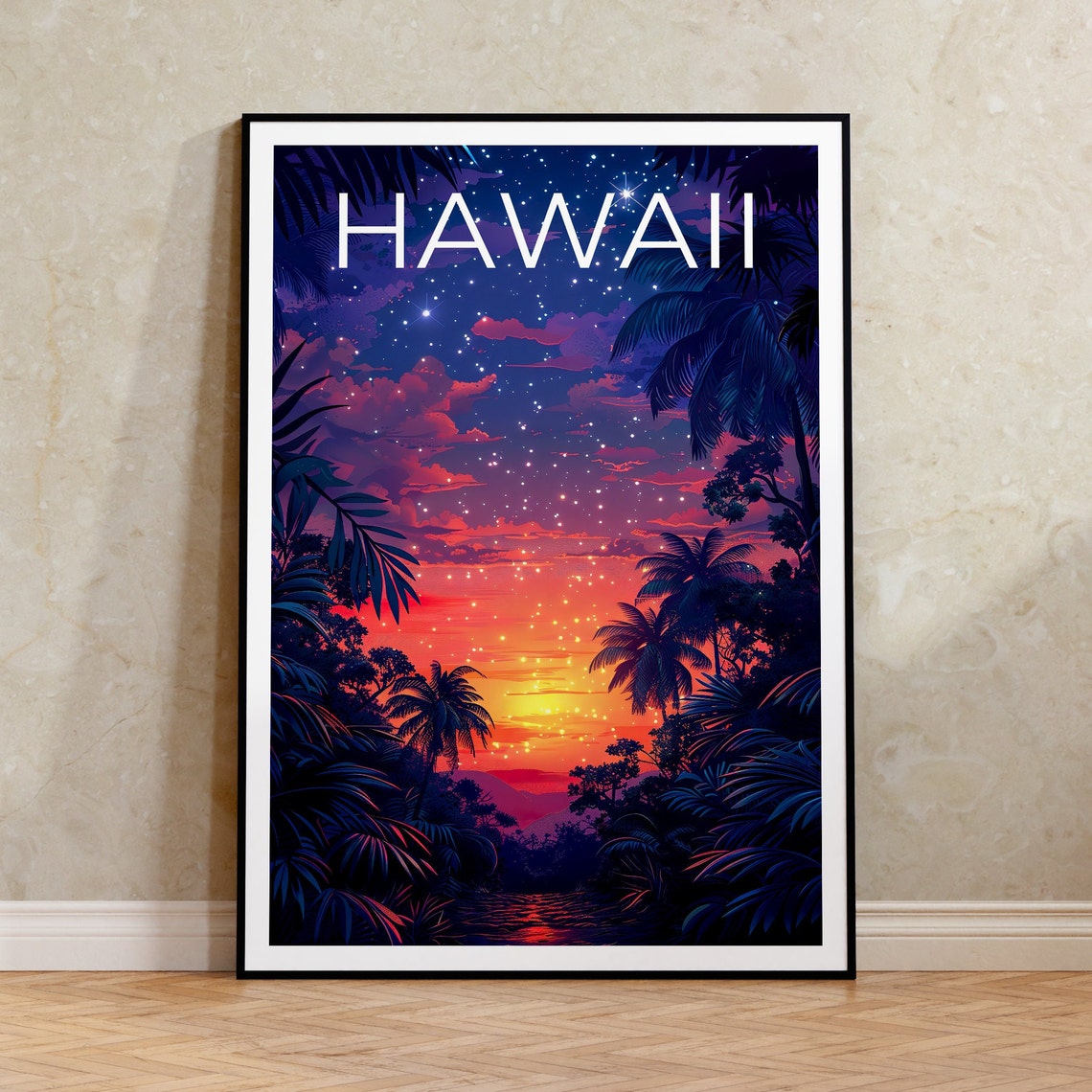Hawaii Tropical Palm Jungle Sunset Starry Night Island Travel Poster