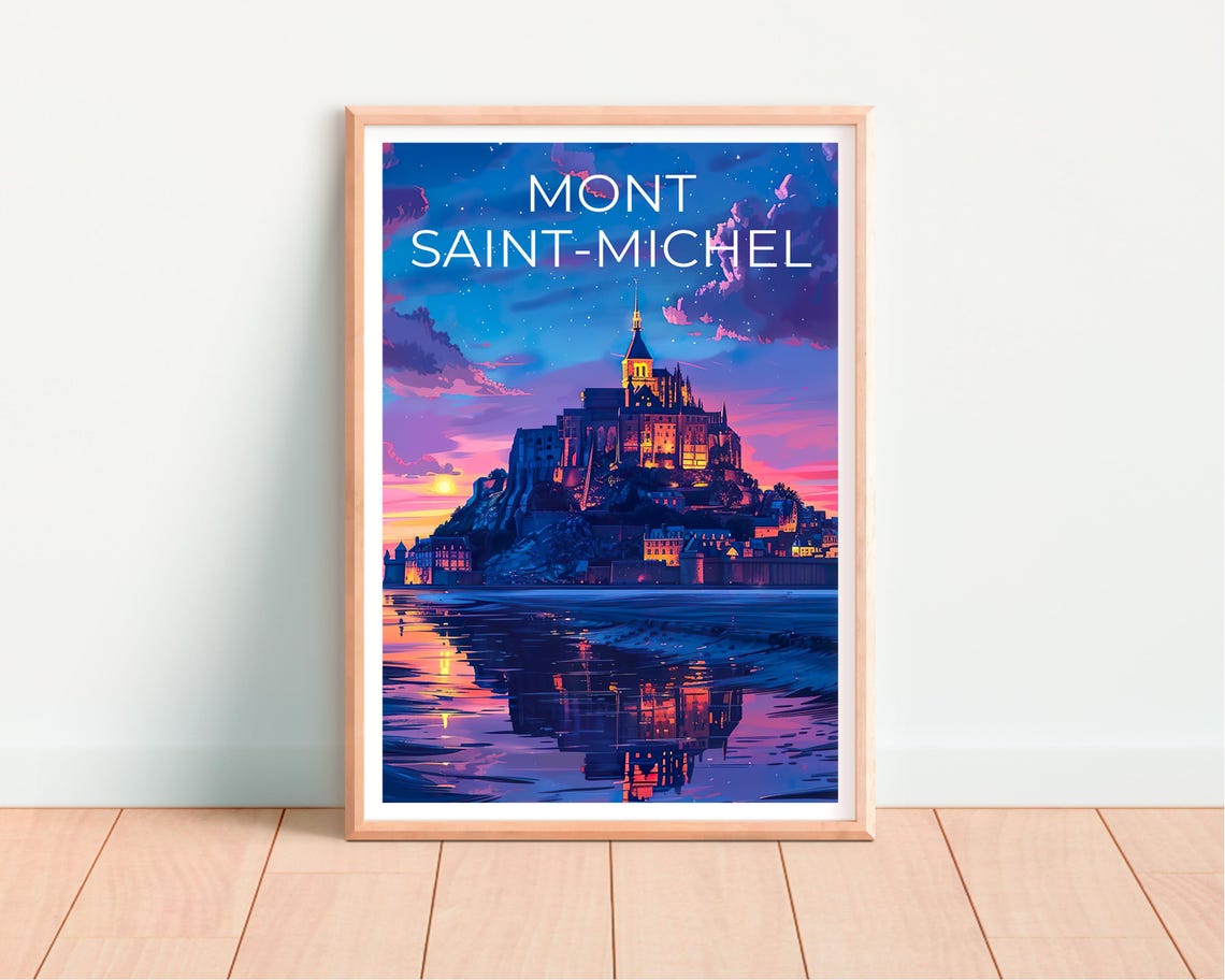 Mont Saint-Michel France Sunset Reflection Glowing Abbey Travel Poster - Image 2