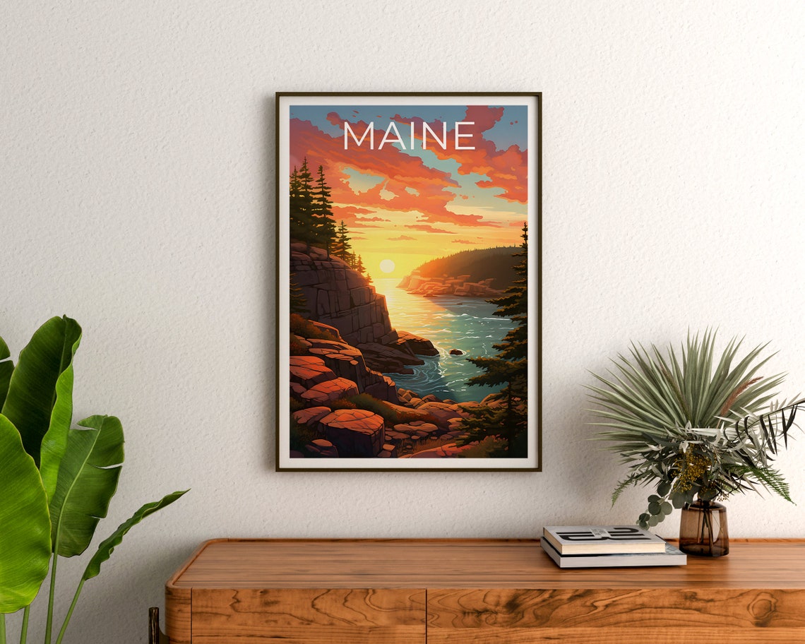 Maine Rocky Coast Sunset Pine Cliffs Ocean View Travel Poster - Image 3