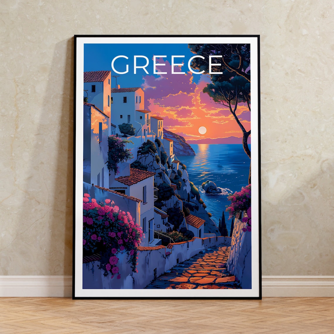 Greece Cliffside Village Sunset Bougainvillea Sea View Poster