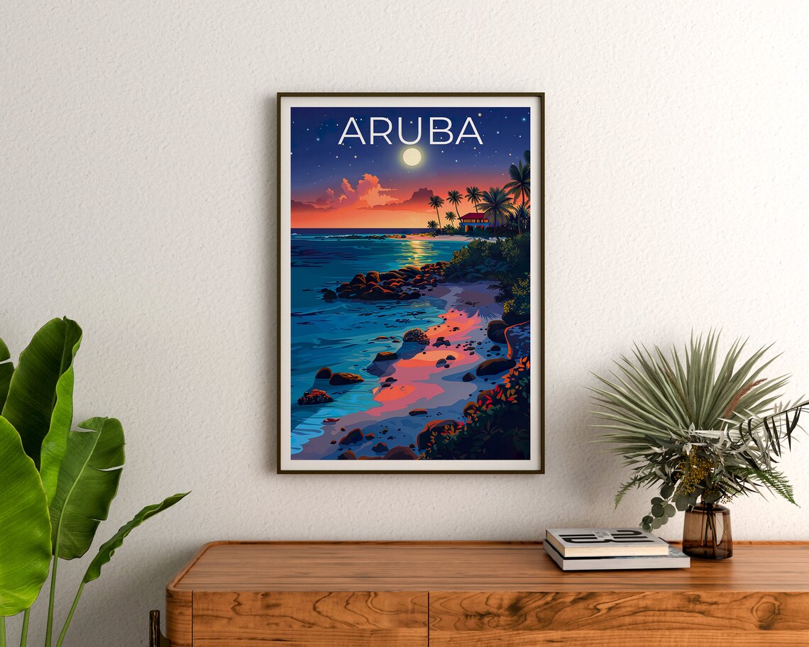 Aruba Moonlit Beach Palm Trees Rocky Shore Night View Travel Poster - Image 3
